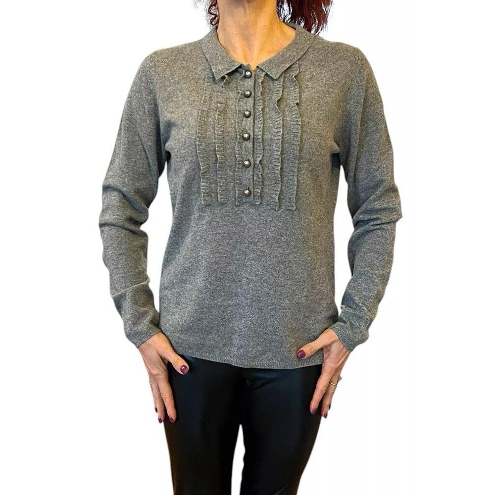 WOMEN'S BURBERRY LONDON‎ CASHMERE GRAY POLO SWEATER COLLAR RUFFLE PEARL BUTTON L